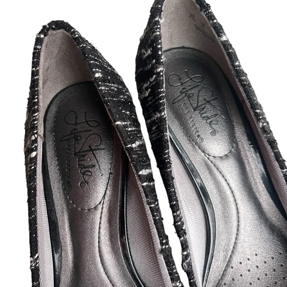 Lifestride Womens 7M Black White Shimmer Tweed Sevyn Flex Pointy Toe Heels Pumps